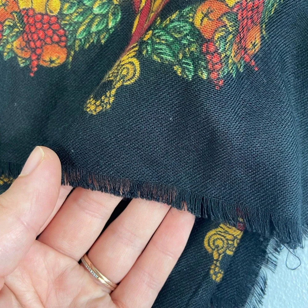 Women's vintage black rose renaissance fruit fringe lightweight fashion scarf‎